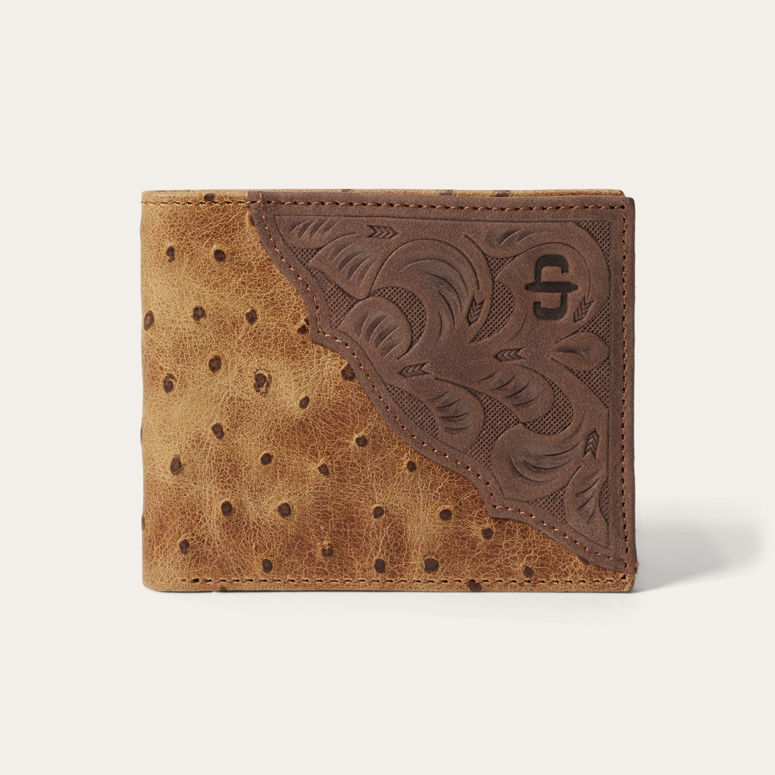 Tooled Embossed Ostrich Bi-Fold Wallet Brown / California Nut | Stetson Men