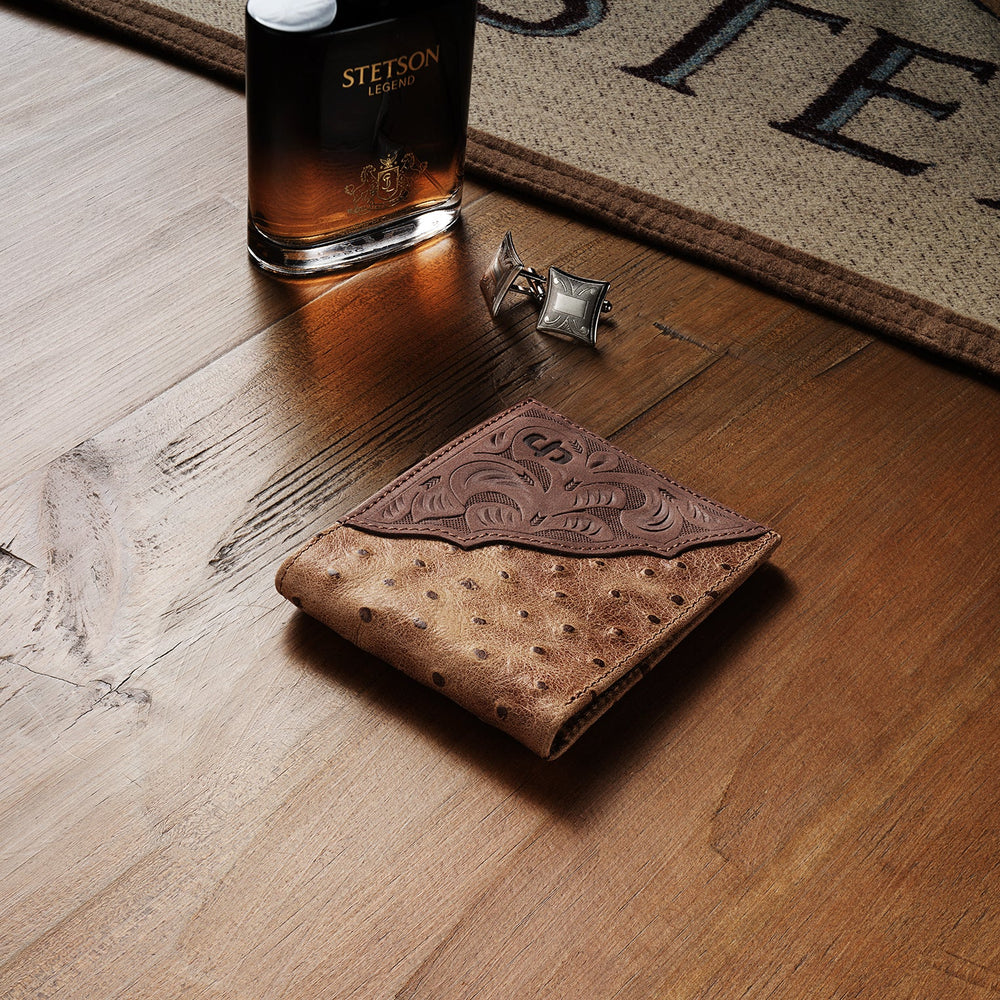 Tooled Embossed Ostrich Bi-Fold Wallet Brown / California Nut | Stetson Men