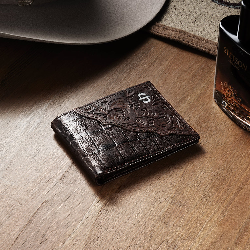 Tooled Embossed Croco Bi-Fold Wallet Brown | Stetson Men