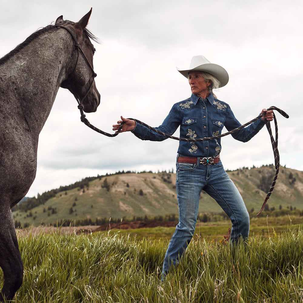 Floral Embroidered Dark Denim Shirt Blue | Stetson Women