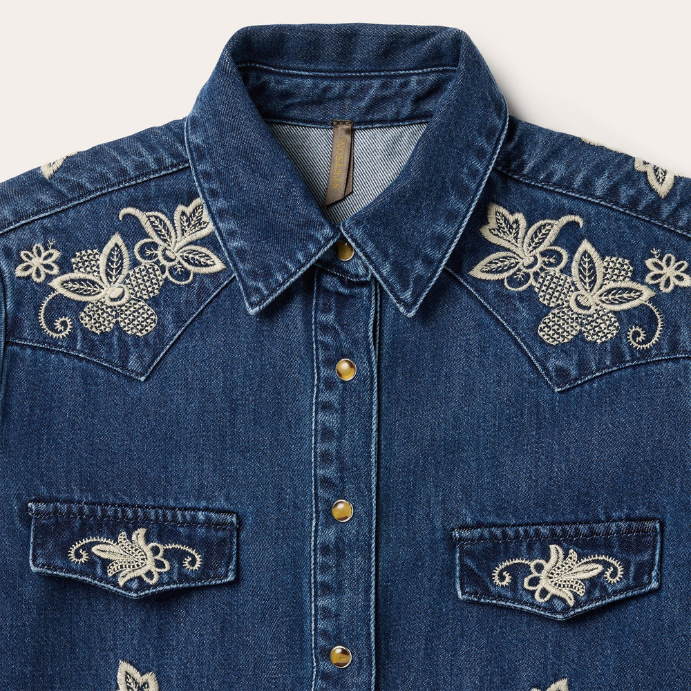 Floral Embroidered Dark Denim Shirt Blue | Stetson Women