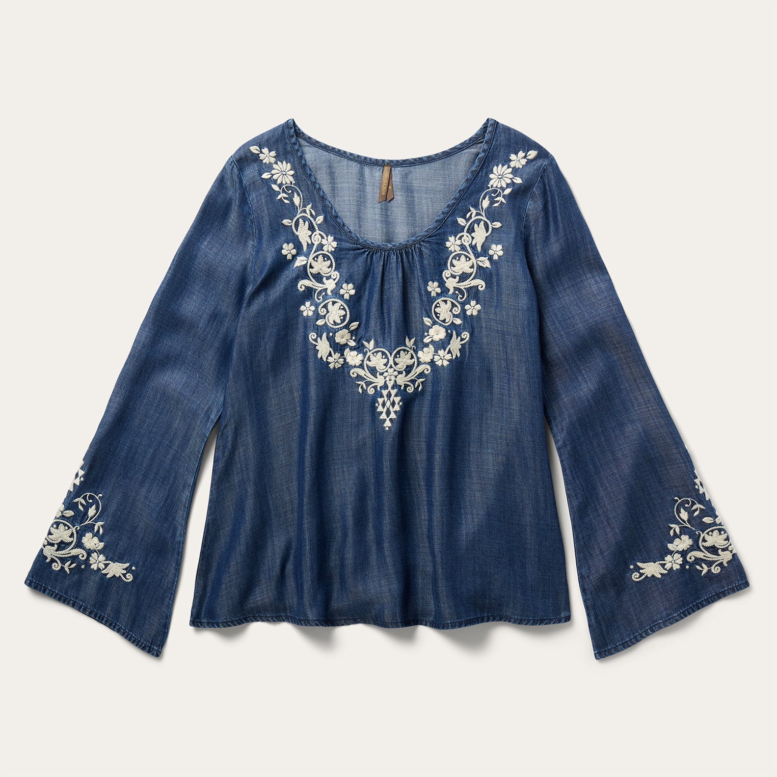 Embroidered Denim Peasant Blouse Blue | Stetson Women