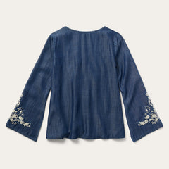 Embroidered Denim Peasant Blouse Blue | Stetson Women
