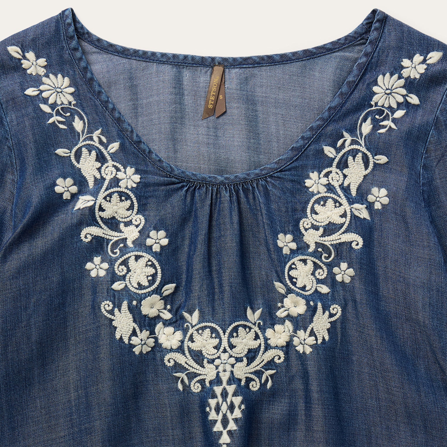Embroidered Denim Peasant Blouse Blue | Stetson Women