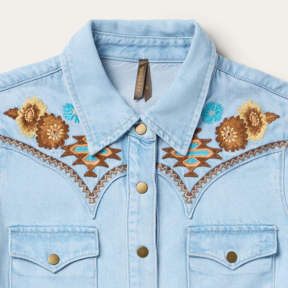 Embroidered Denim Shirt Dress Light Blue | Stetson Women