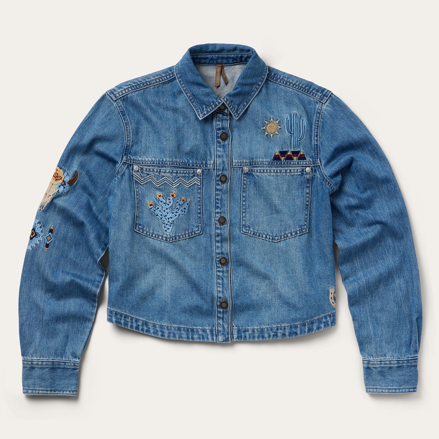 Embroidered Denim Button-Up Cropped Shirt Blue | Stetson Women