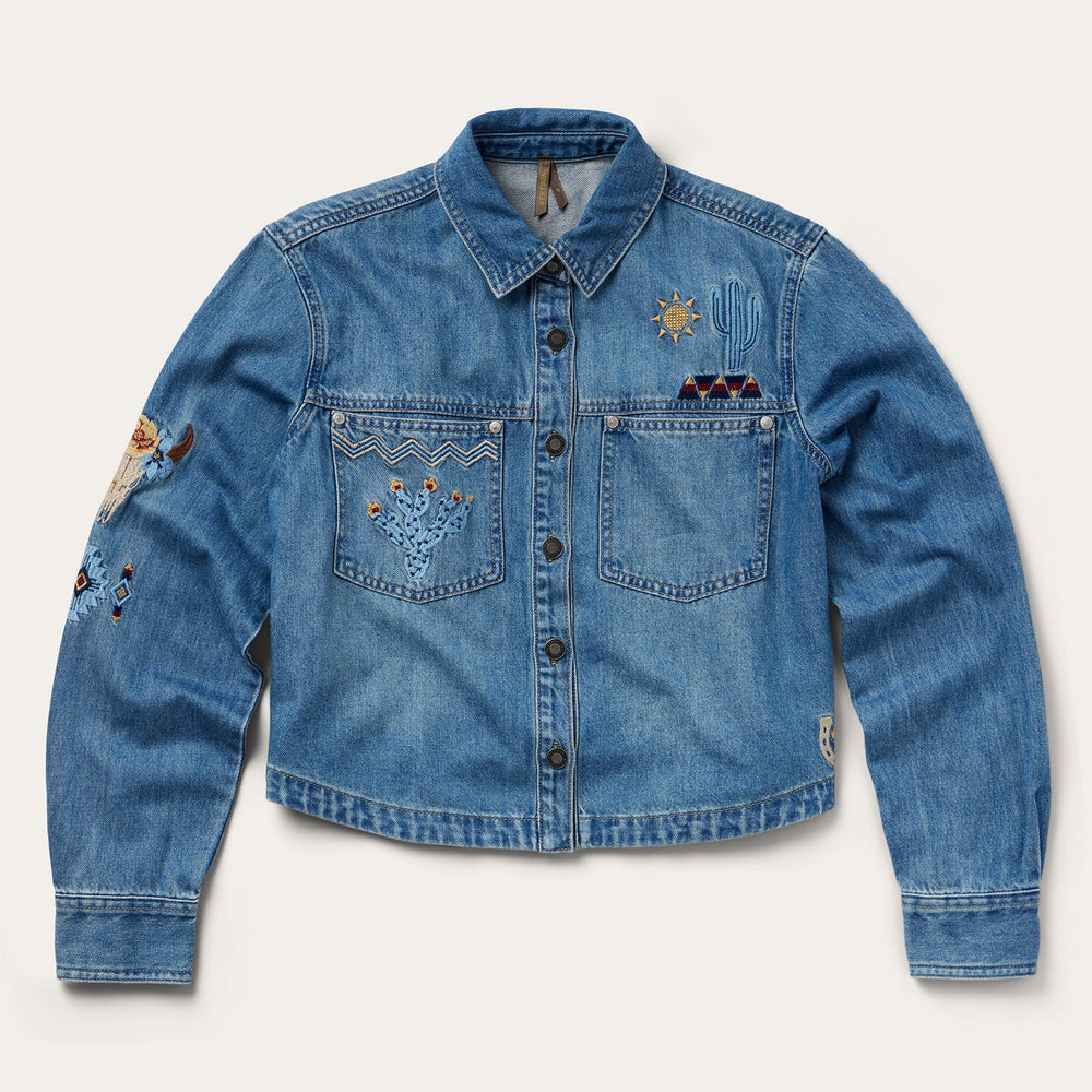Embroidered Denim Button-Up Cropped Shirt Blue | Stetson Women