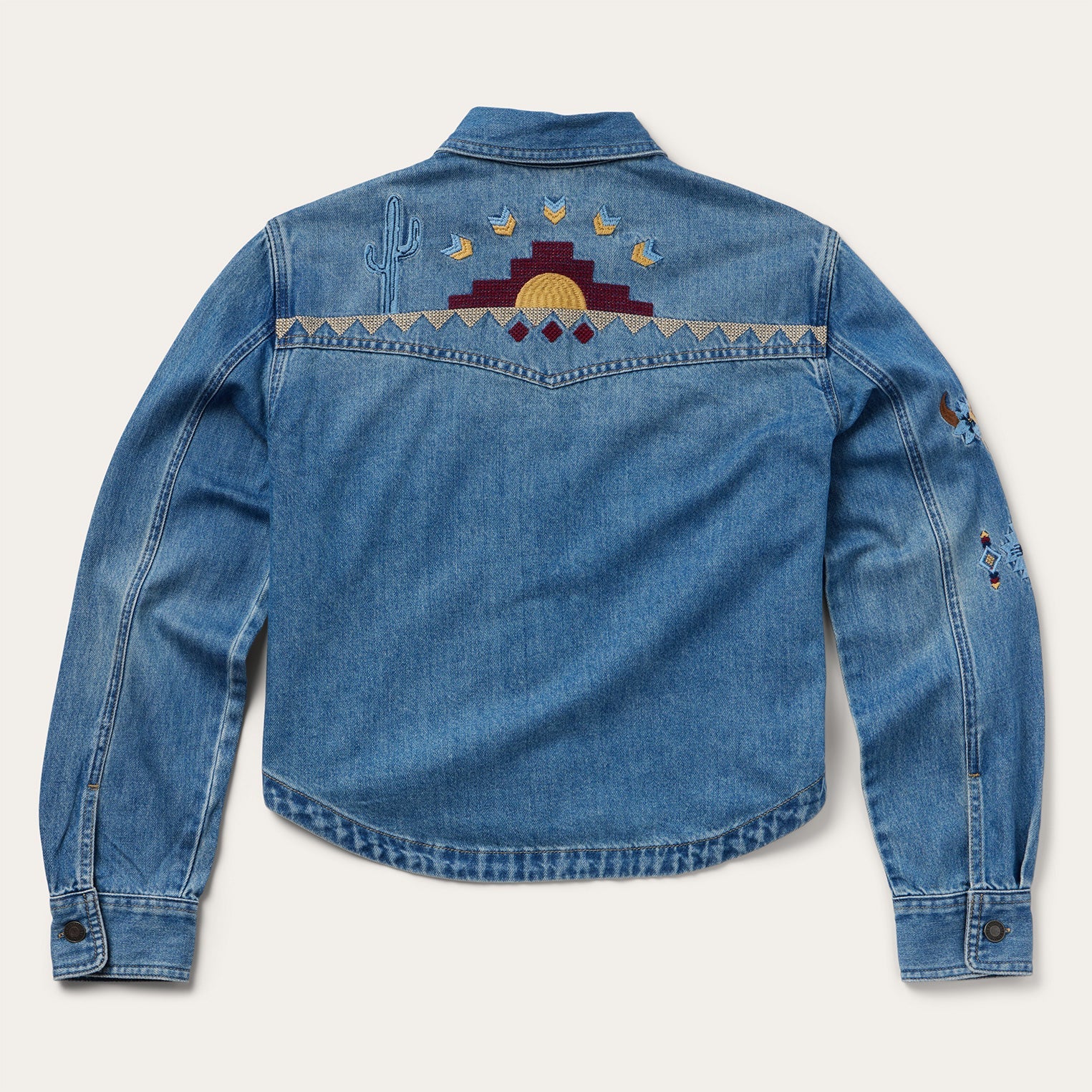 Embroidered Denim Button-Up Cropped Shirt Blue | Stetson Women