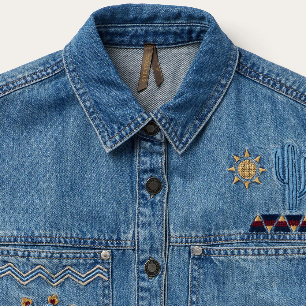 Embroidered Denim Button-Up Cropped Shirt Blue | Stetson Women