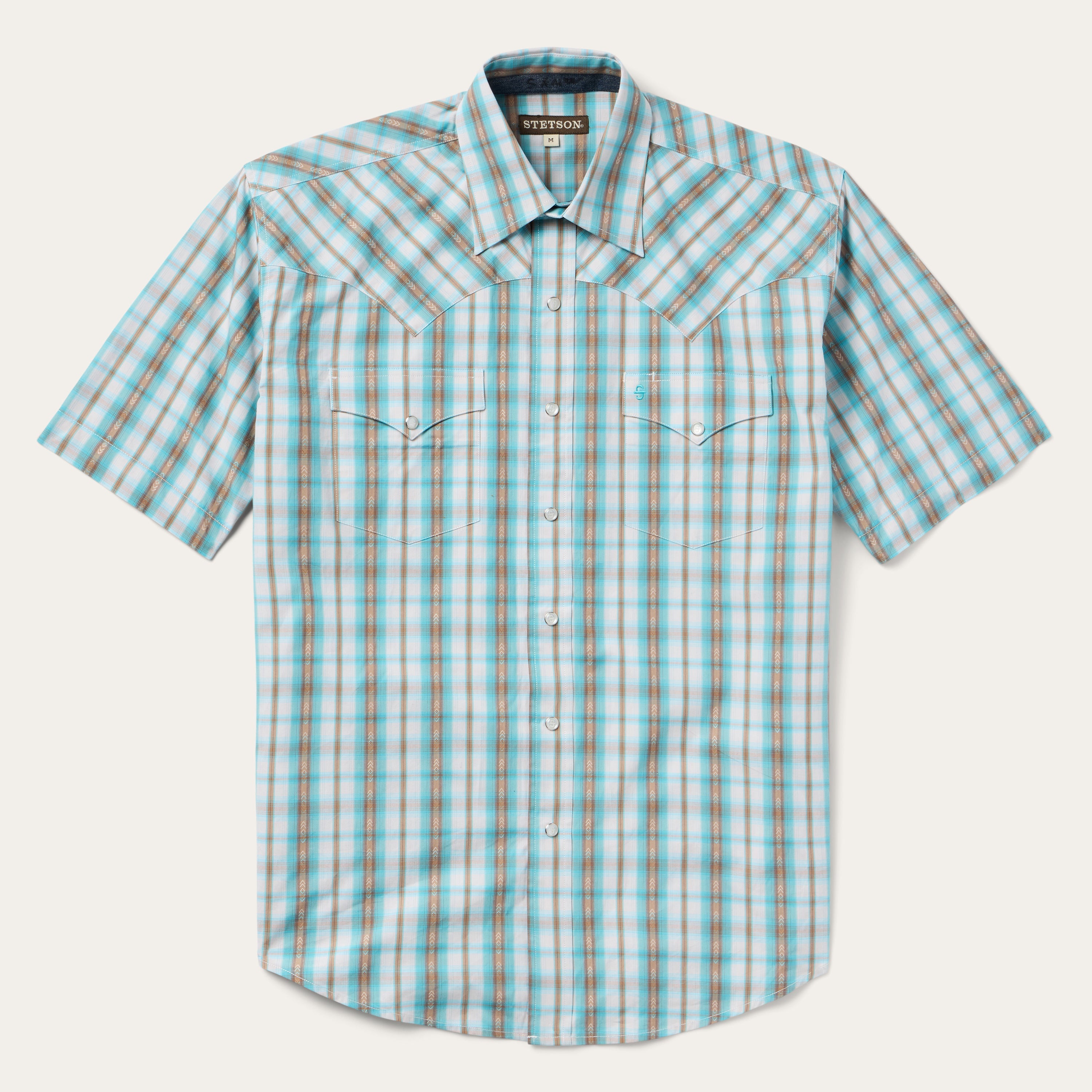Turquoise Plaid Short-Sleeve Western Shirt Green | Stetson Men