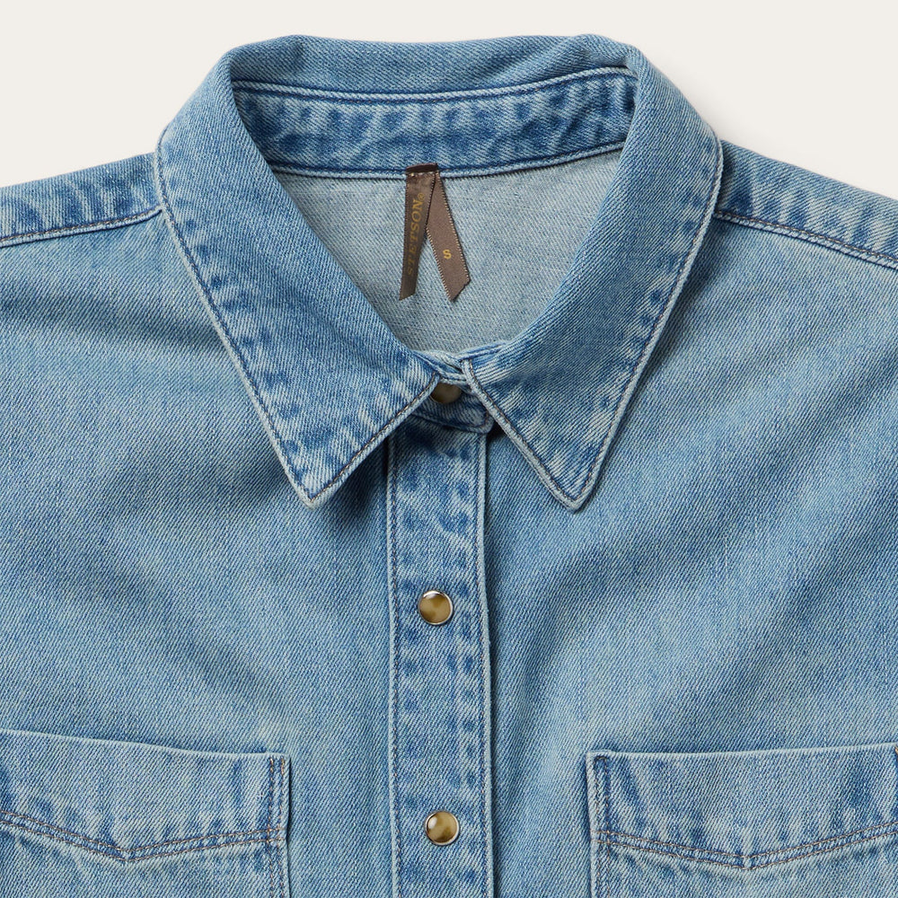 Embroidered Denim Cropped Shirt Blue | Stetson Women