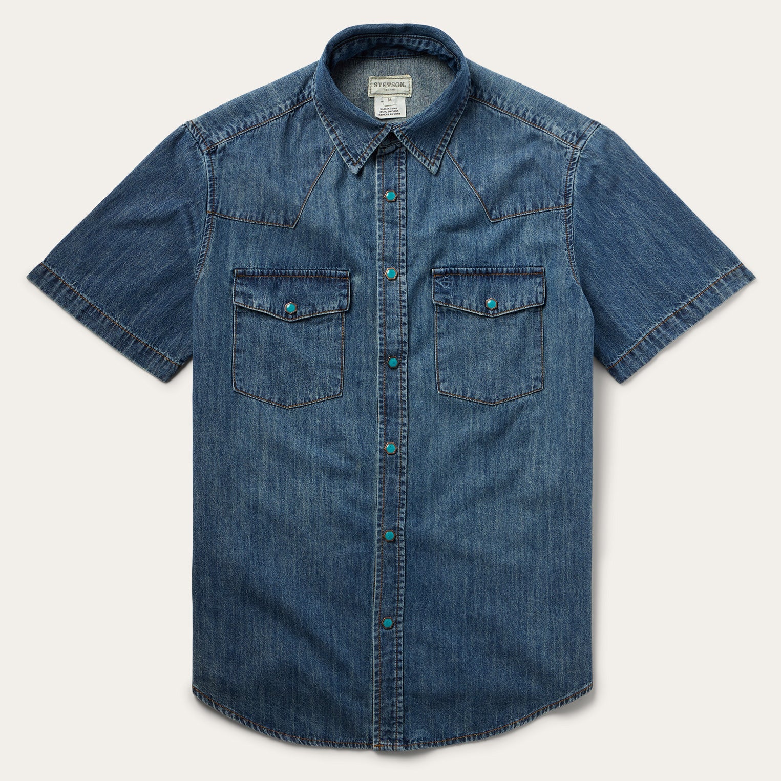 Turquoise Snap Short Sleeve Denim Shirt Blue | Stetson Men
