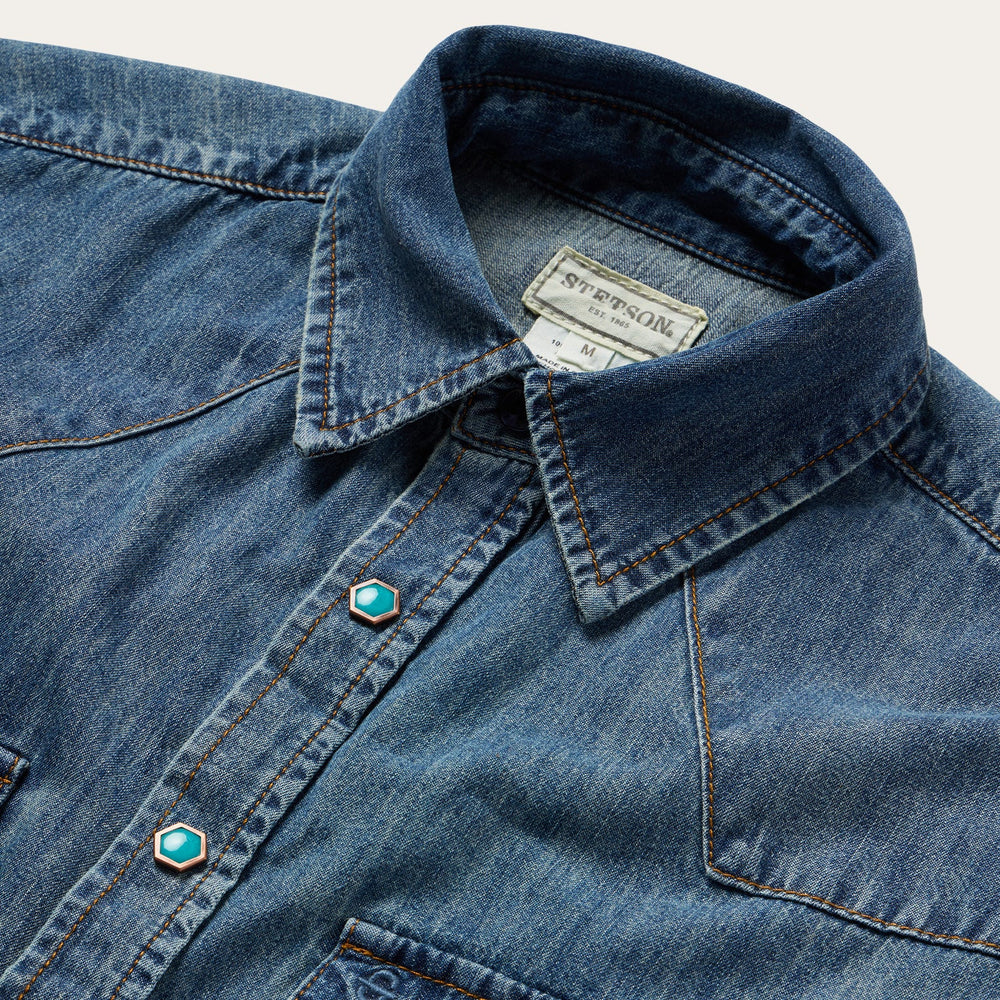 Turquoise Snap Short Sleeve Denim Shirt Blue | Stetson Men