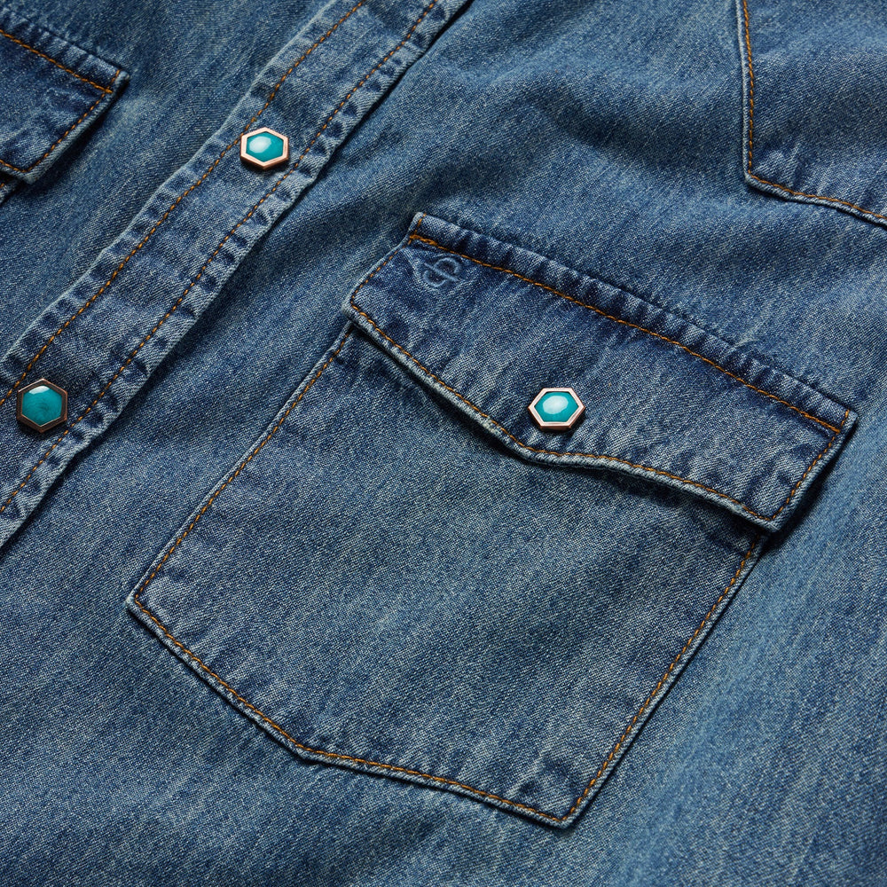 Turquoise Snap Short Sleeve Denim Shirt Blue | Stetson Men