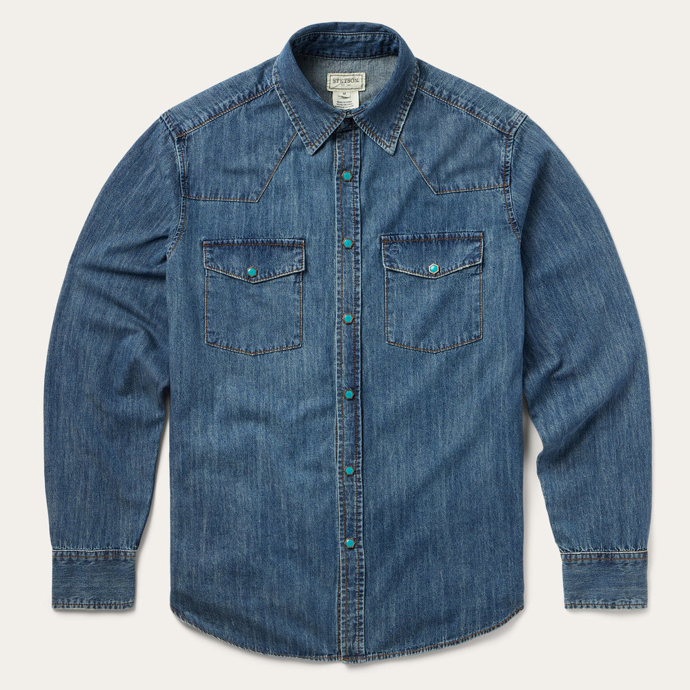 Turquoise Snap Lightweight Denim Shirt Blue | Stetson Men